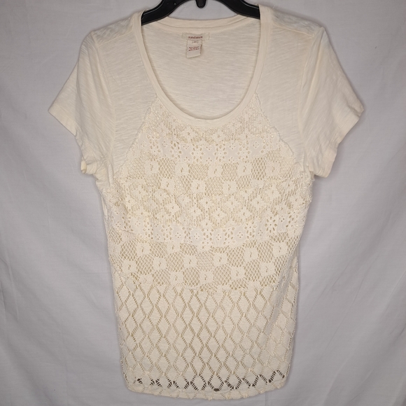 Sundance Tops - SUNDANCE Women's Beige Lace Short Sleeve Scoop Neck Cotton Tee MEDIUM